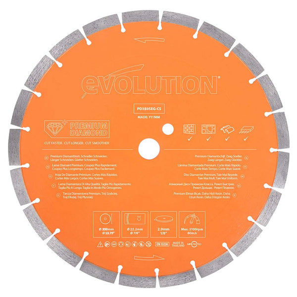Evolution 350mm Premium Diamond Disc Cutter Blade With High Diamond Concentration, Segmented Edge and 22.2mm Bore