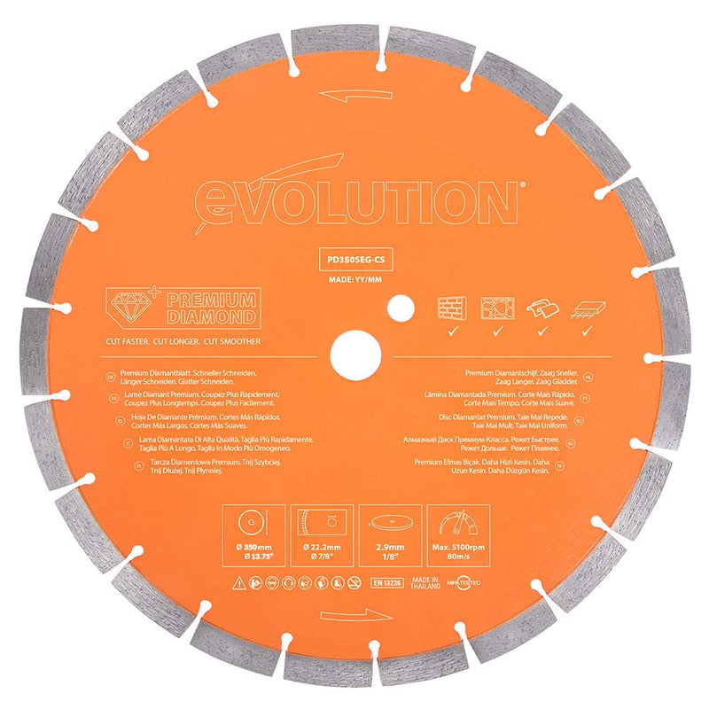 Evolution 350mm Premium Diamond Disc Cutter Blade With High Diamond Concentration, Segmented Edge and 22.2mm Bore