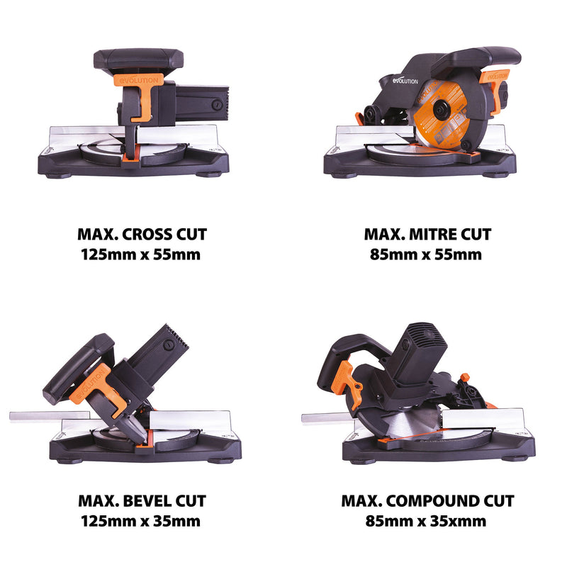 Evolution R210CMS - 210mm Compound Mitre Saw With TCT Multi-Material Cutting Blade - Evolution Power Tools UK
