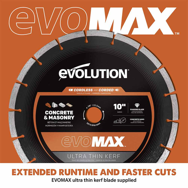 Evolution R260DCT-Li Cordless Disc Cutter / Concrete Saw With Automatic Water-Fed Dust Suppression and 260mm Premium Thin Kerf Diamond Blade