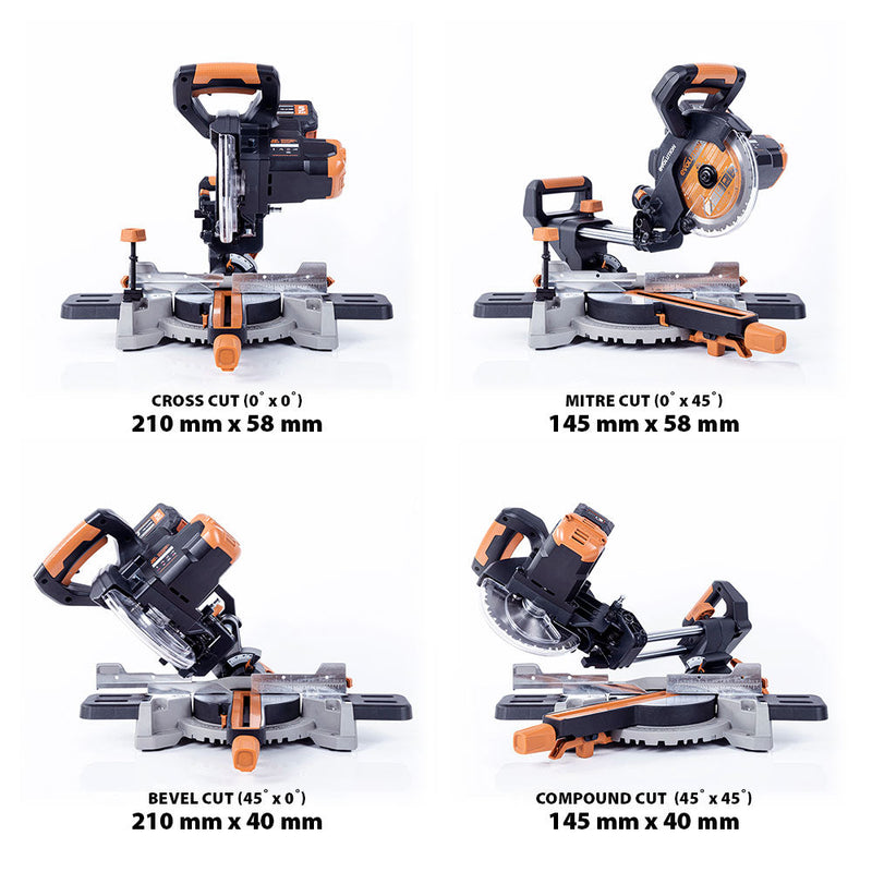 Evolution Cordless R185SMS-Li 185mm Sliding Mitre Saw 18v Li-Ion EXT Inc Multi-Material Blade - Evolution Power Tools UK