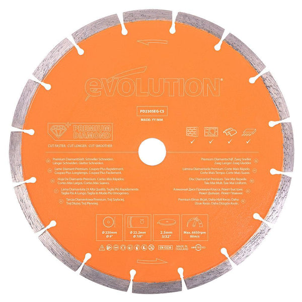 Evolution 230mm Premium Diamond Disc Cutter Blade With High Diamond Concentration, Segmented Edge and 22.2mm Bore
