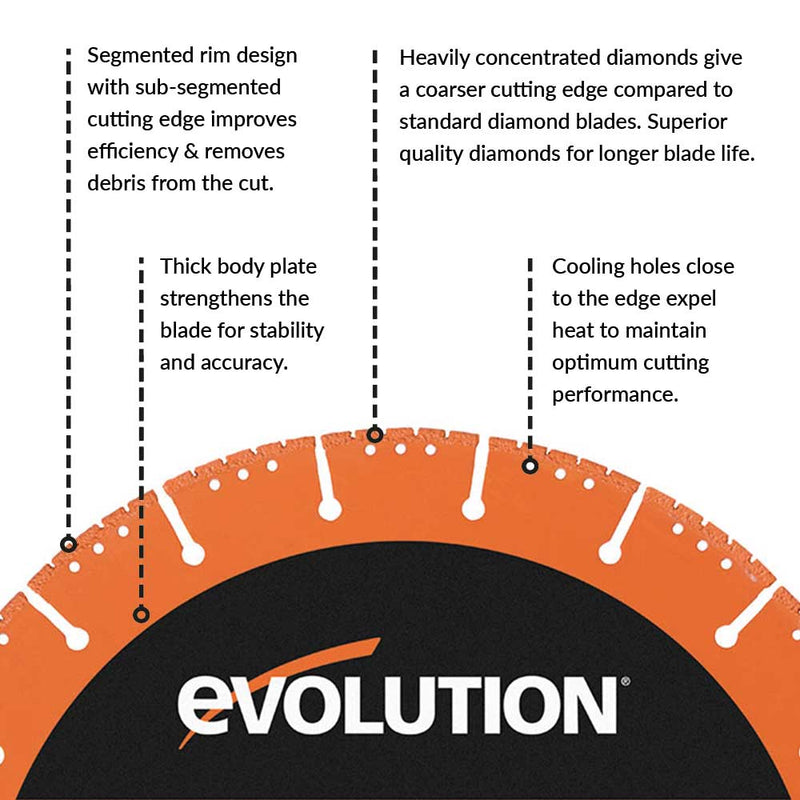 Evolution 230mm Segmented Edge, 22.2mm Bore, Multi-Purpose, Metal Cutting Diamond blade - Evolution Power Tools UK