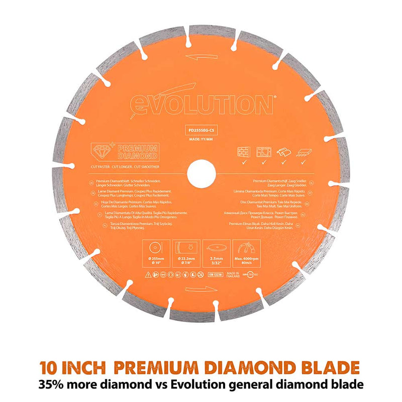Evolution 255mm Premium Diamond Disc Cutter Blade With High Diamond Concentration, Segmented Edge and 22.2mm Bore - Evolution Power Tools UK