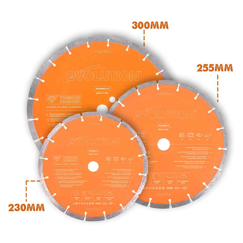 Evolution 300mm Premium Diamond Disc Cutter Blade With High Diamond Concentration, Segmented Edge and 22.2mm Bore - Evolution Power Tools UK