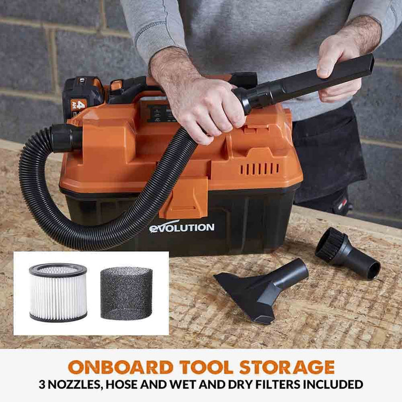 Evolution Cordless 18v EXT Li-Ion R11VAC-Li Wet and Dry Workshop Vacuum - Evolution Power Tools UK