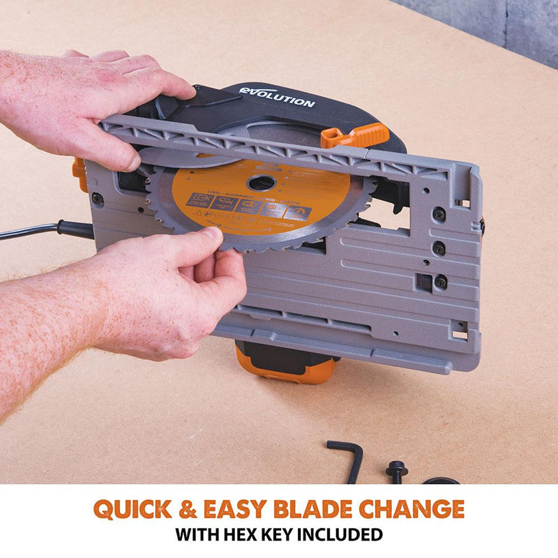 Evolution R185CCSX 185mm Circular Saw with 1020mm Track and TCT Multi-Material Cutting Blade - Evolution Power Tools UK