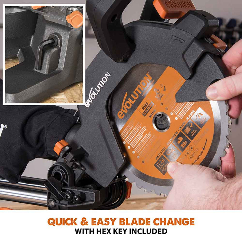 Evolution R185SMS+ 185mm Sliding Mitre Saw With TCT Multi-Material Cutting Blade (230V) - Evolution Power Tools UK
