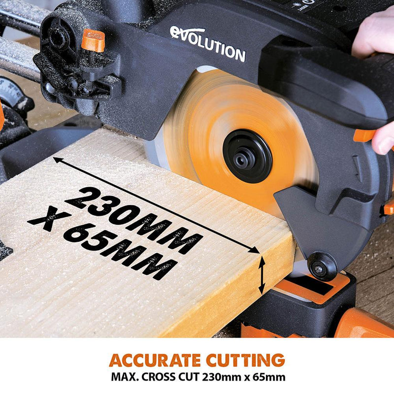 Evolution R210SMS+ 210mm Sliding Mitre Saw With TCT Multi-Material Cutting Blade - Evolution Power Tools UK