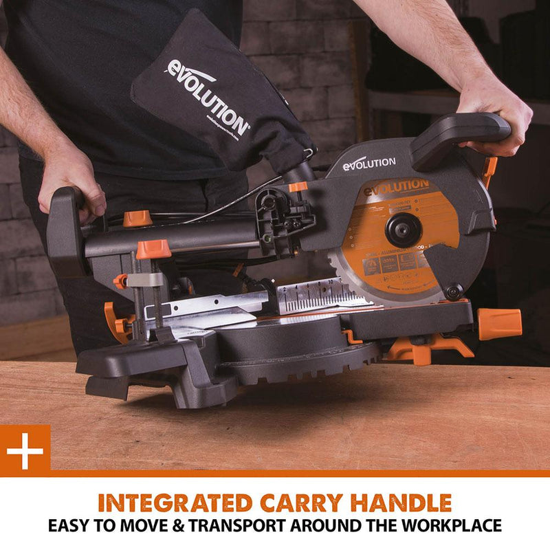 Evolution R210SMS+ 210mm Sliding Mitre Saw With TCT Multi-Material Cutting Blade - Evolution Power Tools UK