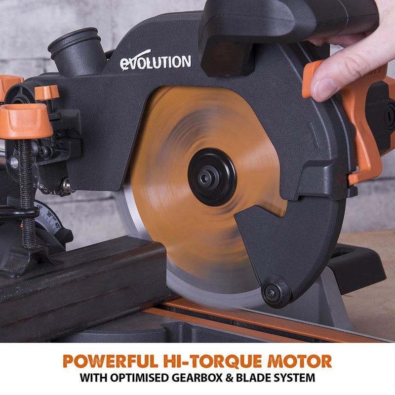 Evolution R210SMS+ 210mm Sliding Mitre Saw With TCT Multi-Material Cutting Blade - Evolution Power Tools UK