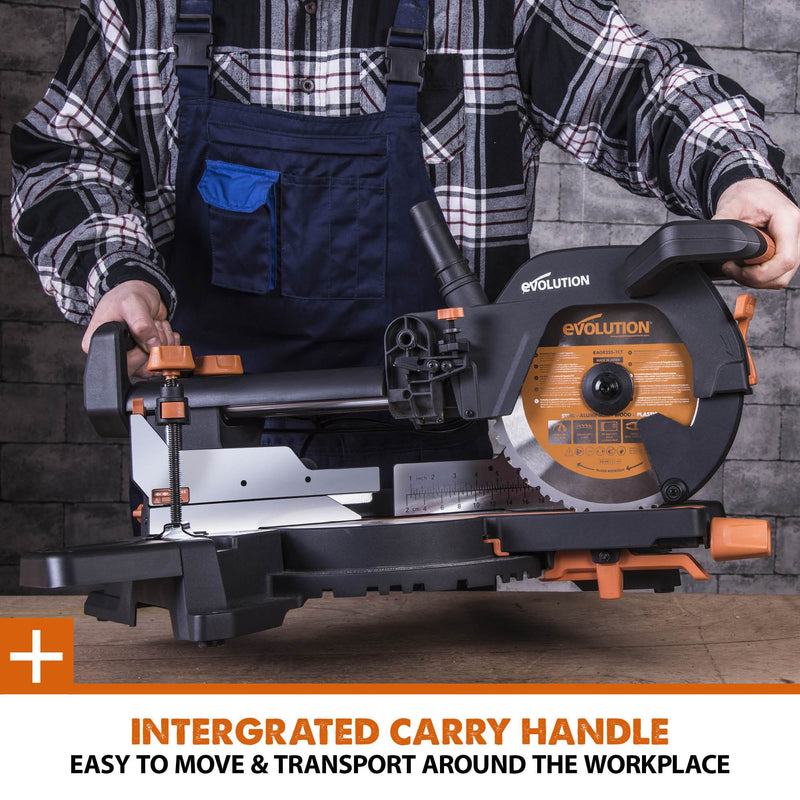 Evolution R255SMS+ - 255mm Sliding Mitre Saw With TCT Multi-Material Cutting Blade - Evolution Power Tools UK