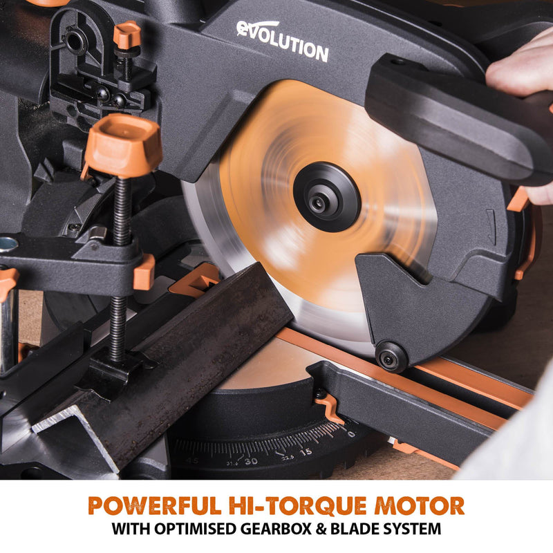 Evolution R255SMS+ - 255mm Sliding Mitre Saw With TCT Multi-Material Cutting Blade - Evolution Power Tools UK