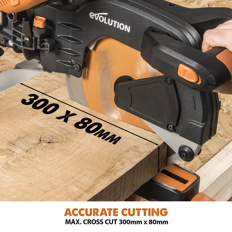 Evolution R255SMS+ - 255mm Sliding Mitre Saw With TCT Multi-Material Cutting Blade - Evolution Power Tools UK