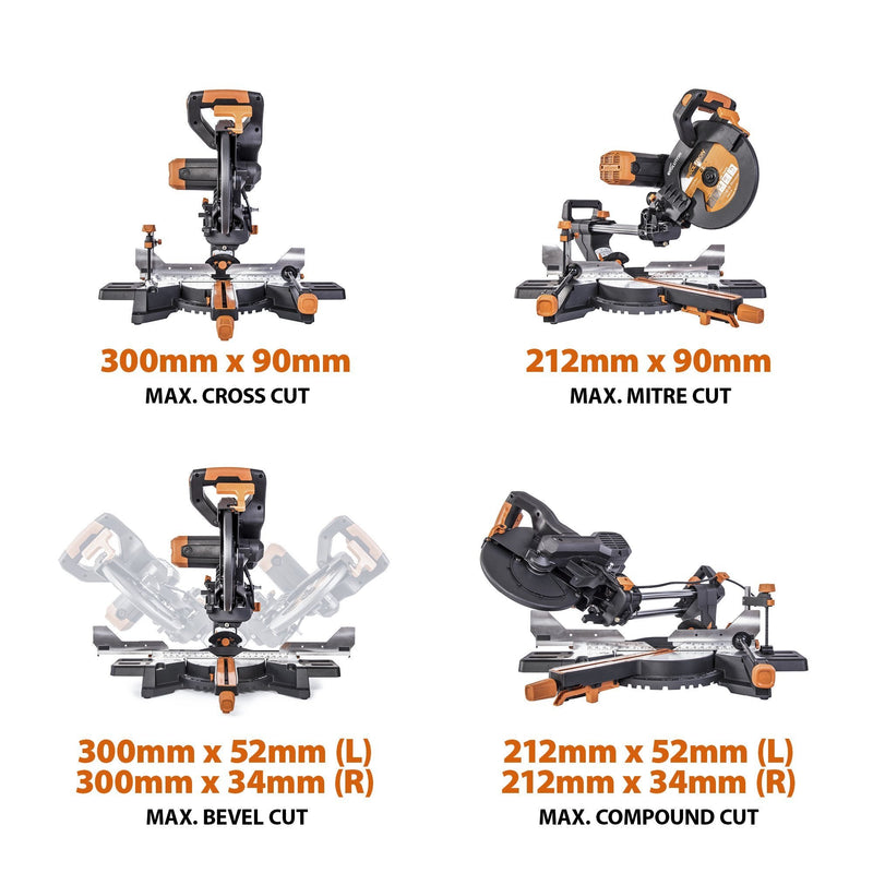 Evolution R255SMS-DB+ 255mm Double Bevel Sliding Mitre Saw With TCT Multi-Material Cutting Blade - Evolution Power Tools UK