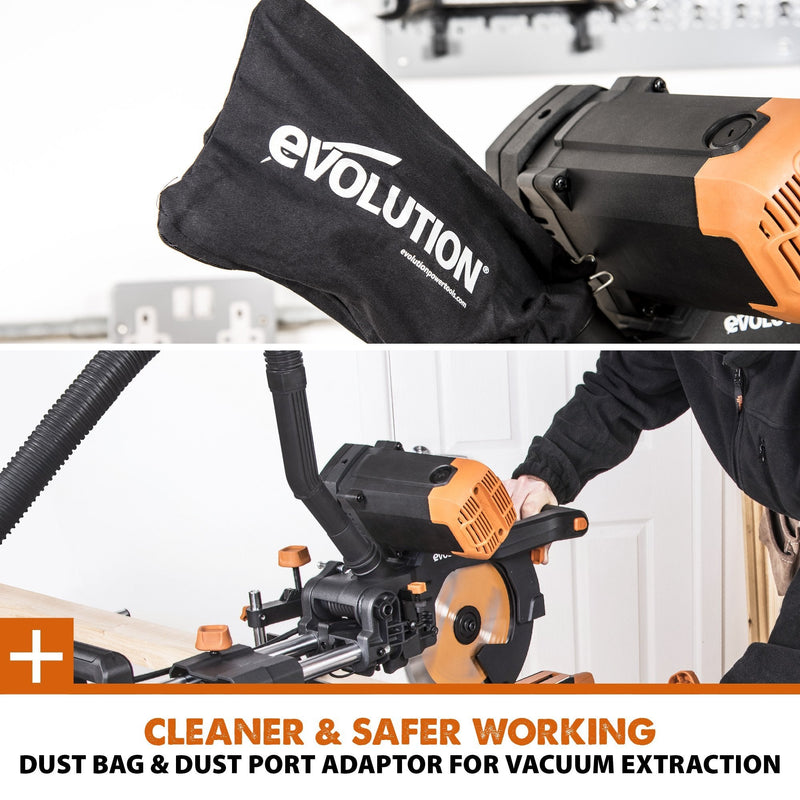 Evolution R255SMS-DB+ 255mm Double Bevel Sliding Mitre Saw With TCT Multi-Material Cutting Blade - Evolution Power Tools UK